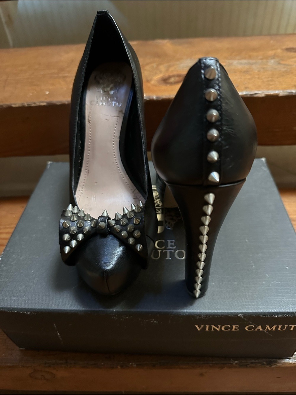 Vince Camuto Black Pointed Toe Pumps with Studded Bow and Studded heel. - Picture 2 of 9